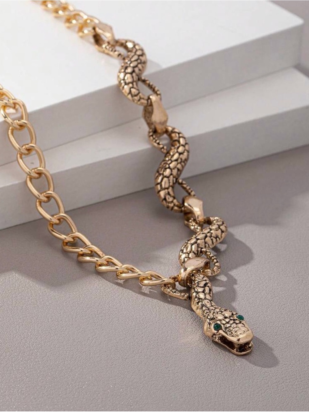 Gold Snake Chain Necklace with Emerald Eyes